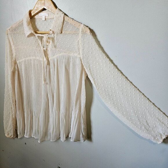 EUC LC LAUREN CONRAD BOHO SHEER CREAM ACCORDION STYLE LONGSLEEVE TOP SZ SMALL - Picture 1 of 16